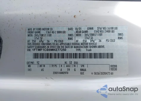 2021 Ford F-150 Xl z USA, uszkodzony, nr VIN 1FTMF1CB9MKE77250